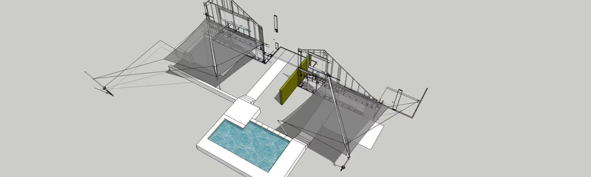 Ein architektonisches 3D-Rendering zeigt einen Pool, der von einem weißen Belag umgeben ist und an zwei offene Glasstrukturen mit Metallrahmen und schattigen Bereichen angrenzt, aus einem erhöhten Winkel betrachtet.