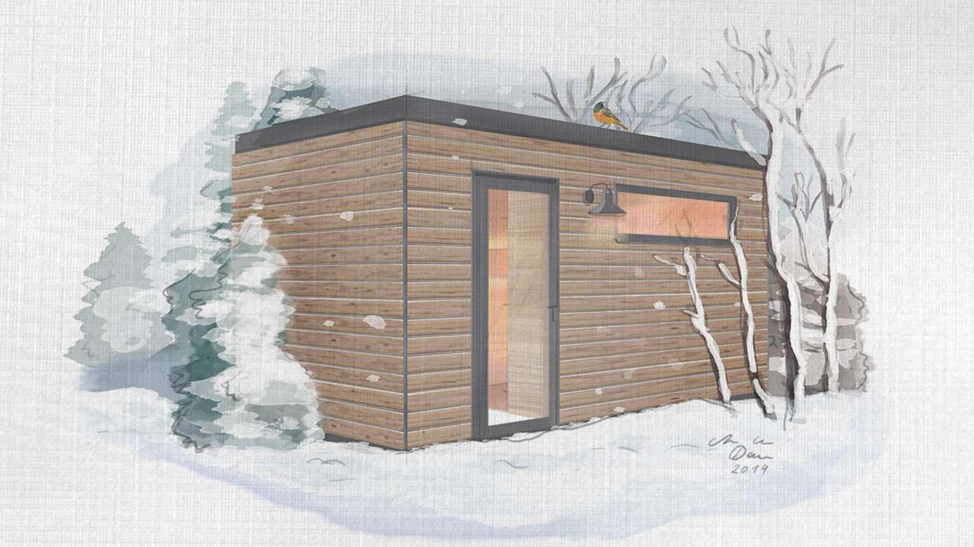 Illustration einer kleinen modernen Holzhütte mit einem großen Fenster und einer Tür, umgeben von schneebedeckten Bäumen. Ein Vogel sitzt auf dem Dach, und um die Hütte herum fällt leiser Schnee, was eine friedliche Winterszene schafft.