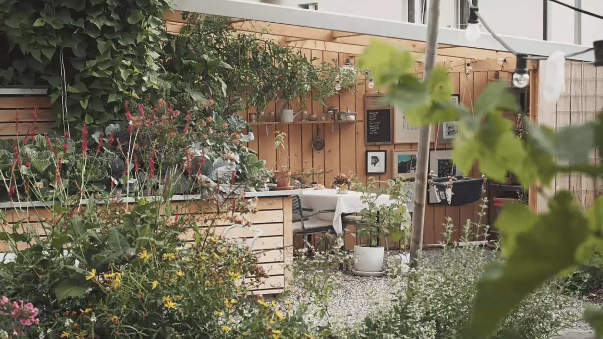 Eine gemütliche Gartenszene mit üppigen grünen Pflanzen und Blumen, die einen hölzernen Arbeitsbereich im Freien umgeben, mit Regalen mit Topfpflanzen, gerahmten Bildern und einem Tisch mit Stühlen in einer entspannten, natürlichen Umgebung.