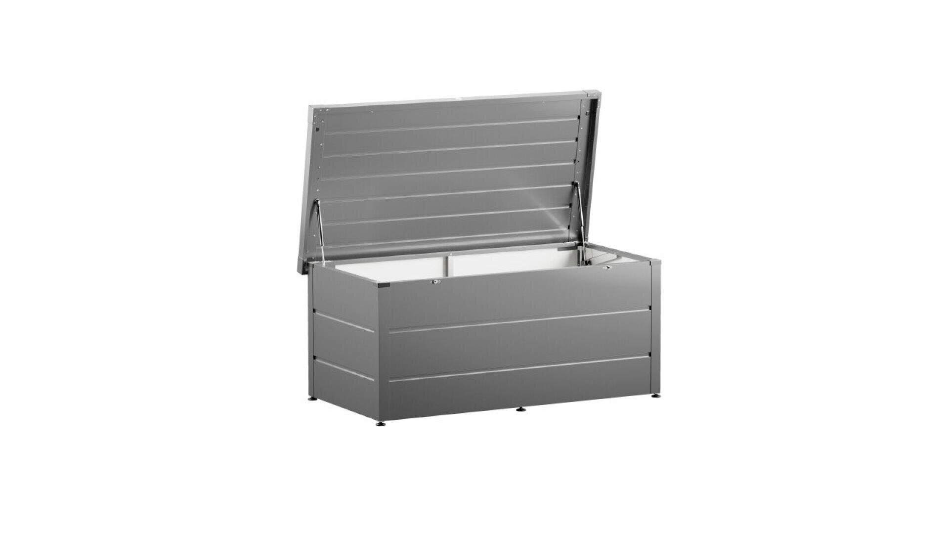 A gray metal storage box with a hinged lid partially open, showing a spacious interior. The box has a modern, rectangular design and stands on small feet against a white background.