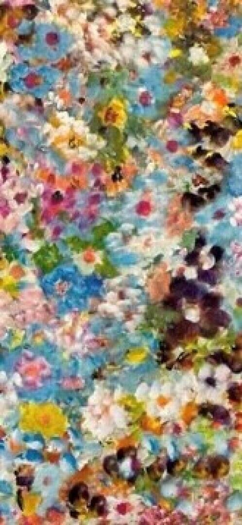 Ein lebhaftes, abstraktes Gemälde mit bunten Blumenbüscheln vor einem leuchtend blauen Hintergrund, in dem sich Schattierungen von Rosa, Gelb, Lila, Weiß, Orange und Grün vermischen.