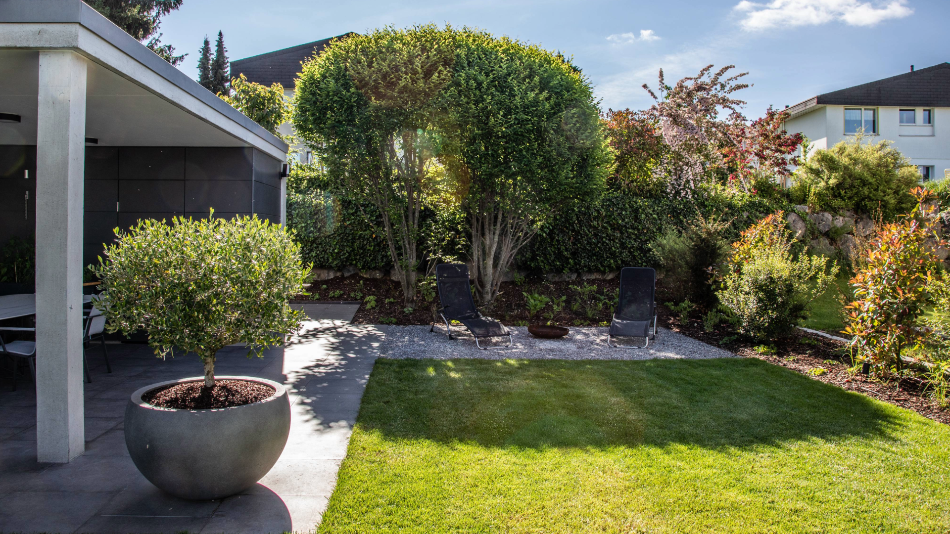 Moderner Garten mit gepflegtem Rasen, Topfbaum, schattiger Terrasse und zwei schwarzen Liegestühlen auf Kies unter einem großen, belaubten Baum, umgeben von üppigem Grün und angrenzenden Häusern.