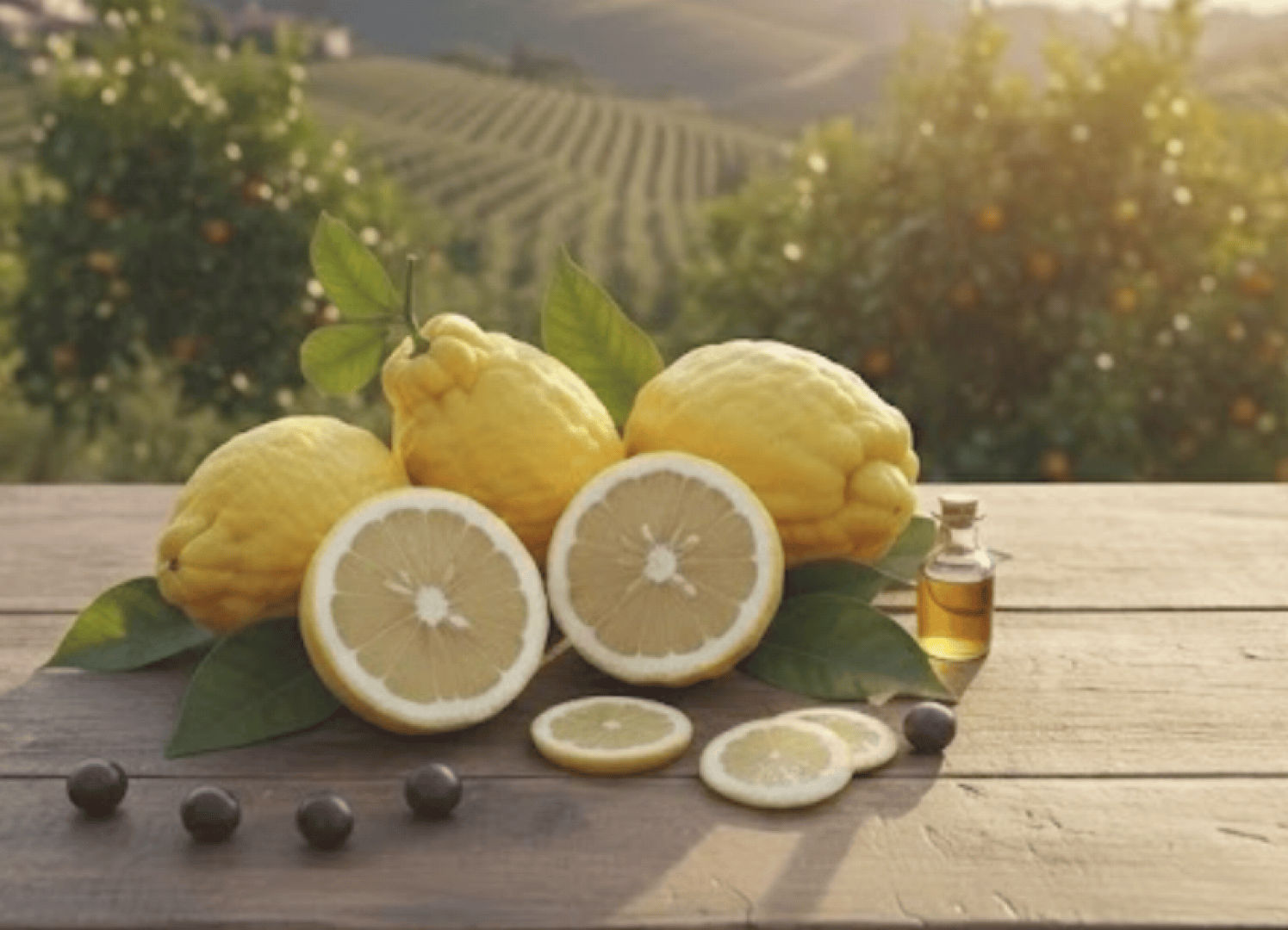 Mehrere große Zitronen, einige ganz und einige in Scheiben geschnitten, liegen auf einem Holztisch mit grünen Blättern, Oliven und einer kleinen Flasche Öl. Im Hintergrund erstreckt sich eine sonnenbeschienene Zitrusplantage über sanfte Hügel.
