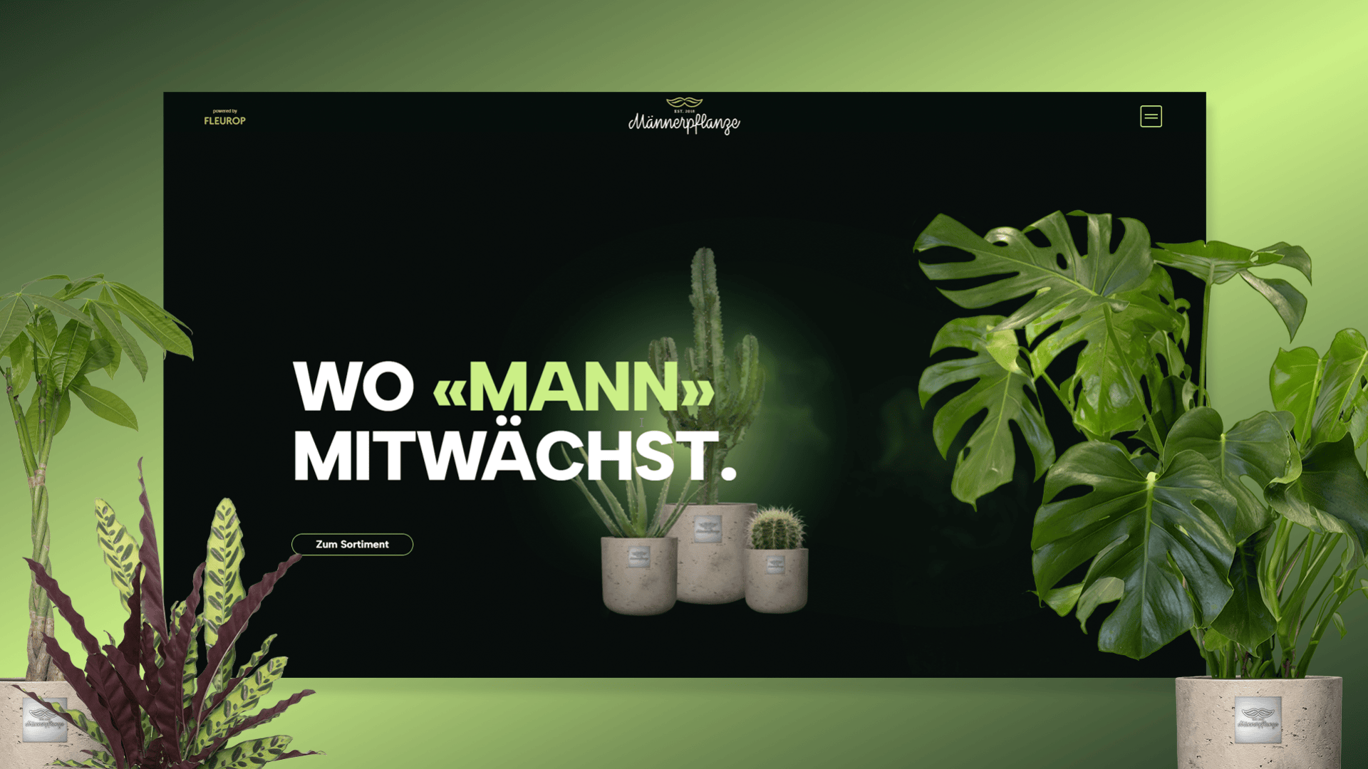 Eine Website-Homepage mit einem grünen Hintergrund mit Farbverlauf, auf dem Kakteen und Blattpflanzen zu sehen sind. Der fettgedruckte deutsche Text lautet WO MANN MITWÄCHST. Auf einer Schaltfläche darunter steht Zum Sortiment. Große grüne Blätter umrahmen die Seiten.