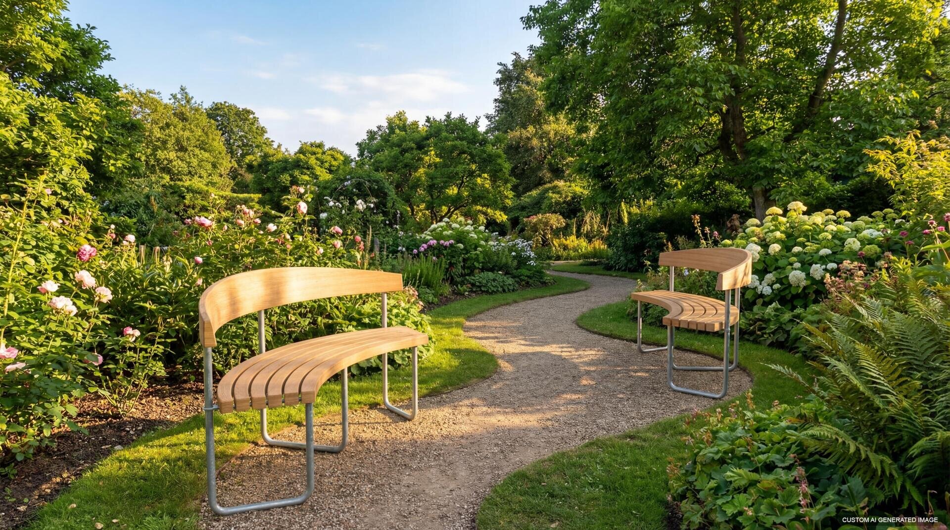 Ein geschwungener Kiesweg windet sich durch einen üppigen Garten mit blühenden Blumen und grünen Bäumen, flankiert von zwei modernen Holzbänken mit Metallfüßen auf beiden Seiten des Weges.
