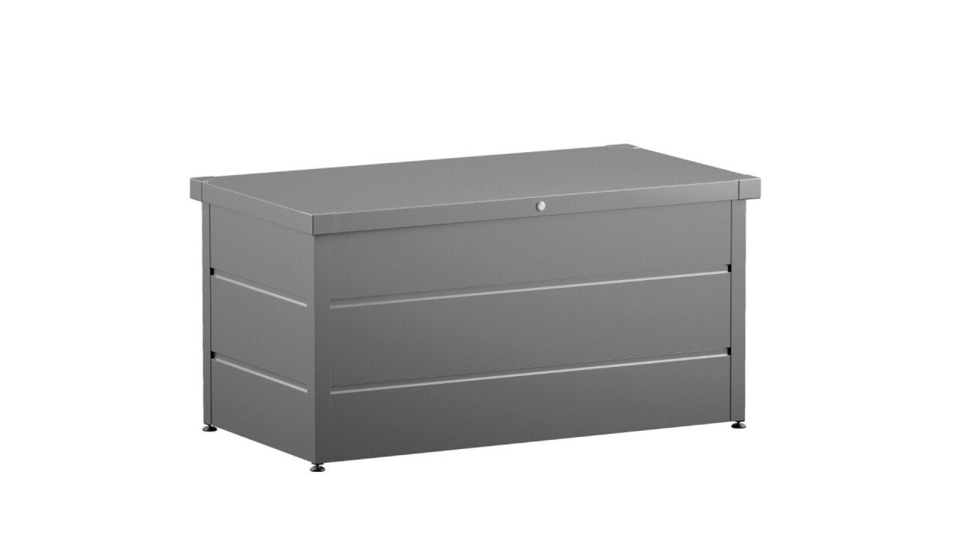 A gray, rectangular metal storage box with a hinged lid, flat top, and simple design, placed against a white background.