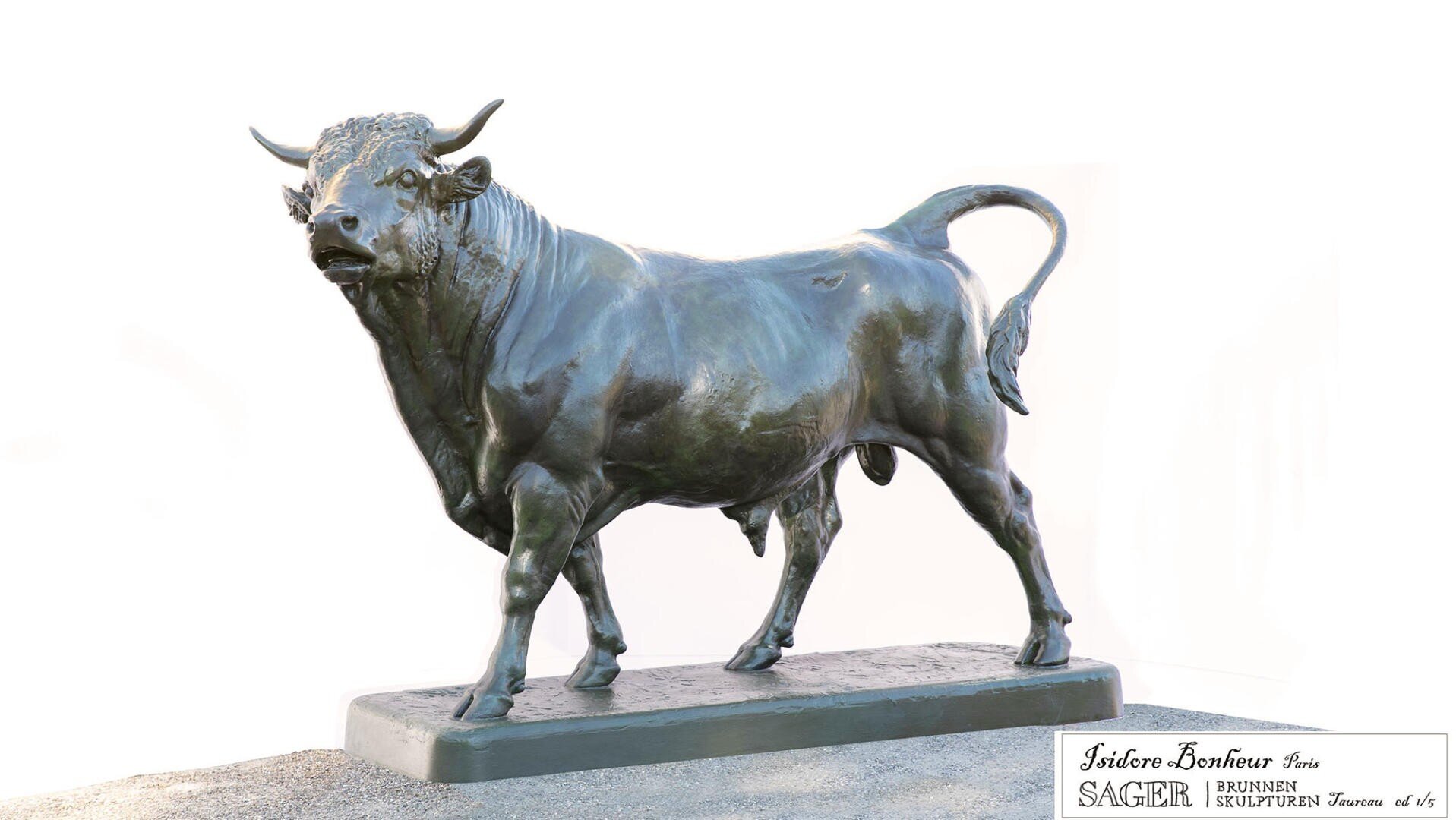 Auf einem rechteckigen Sockel steht die realistische Bronzestatue eines Stiers, dessen Kopf leicht nach links gedreht ist und dessen Schwanz nach oben gebogen ist. Der Name des Bildhauers, Isidore Bonheur, ist auf einer Plakette am Sockel angegeben.