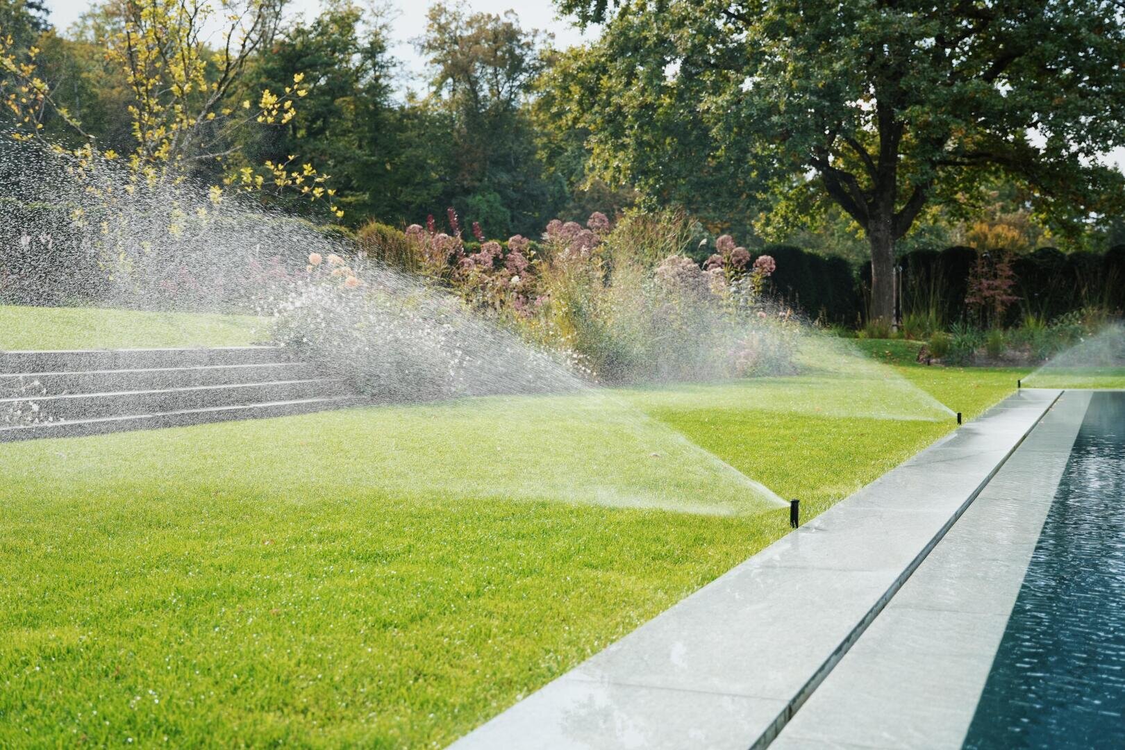 Sprinklers water a lush green lawn next to a pool, with garden steps and flowering plants in the background and shady trees.