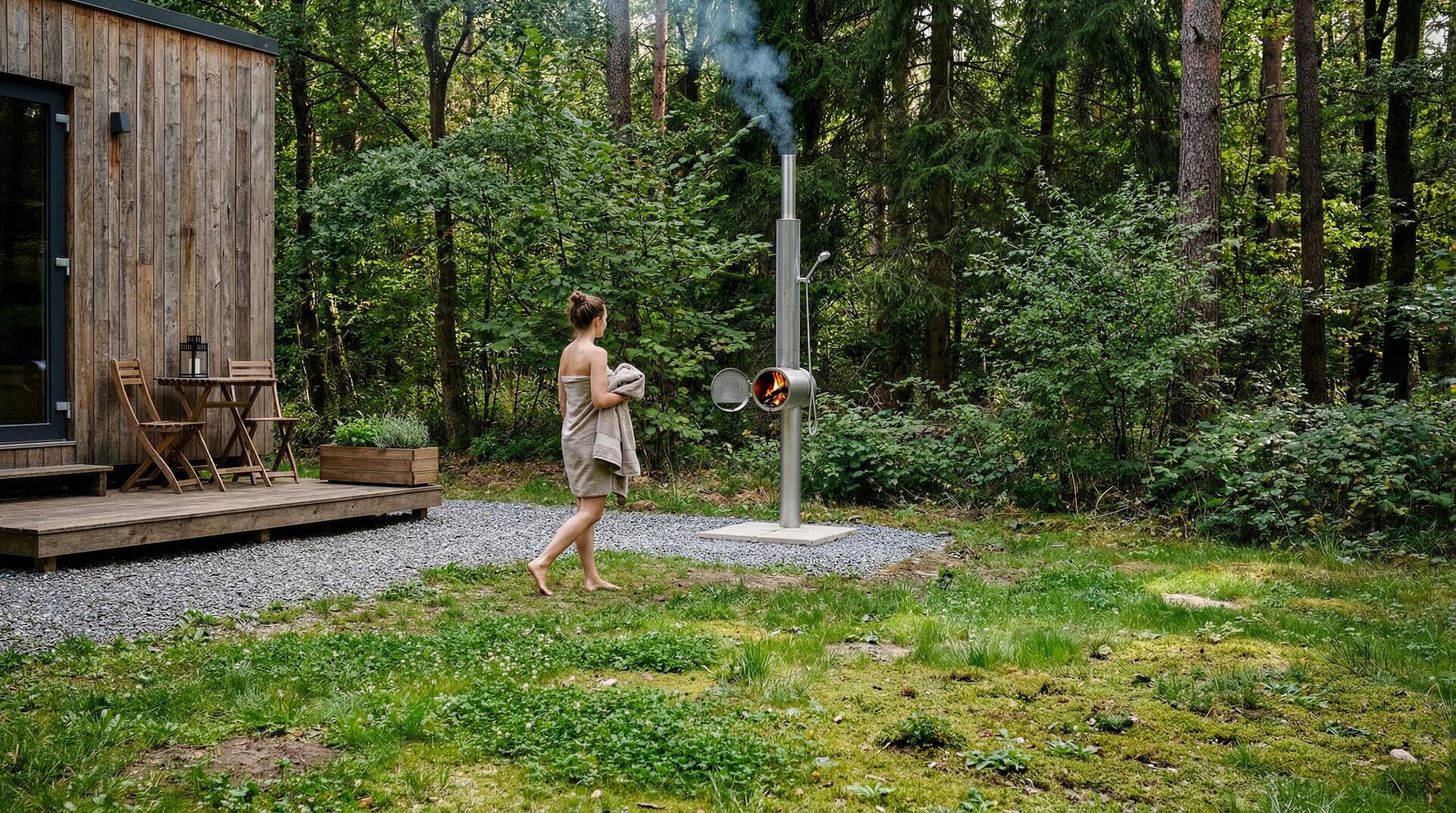 Eine barfüßige Frau in einem hellen Kleid geht auf einen modernen Holzofen zu, aus dem Rauch aufsteigt, neben einem kleinen Holzhaus inmitten eines üppigen grünen Waldes.