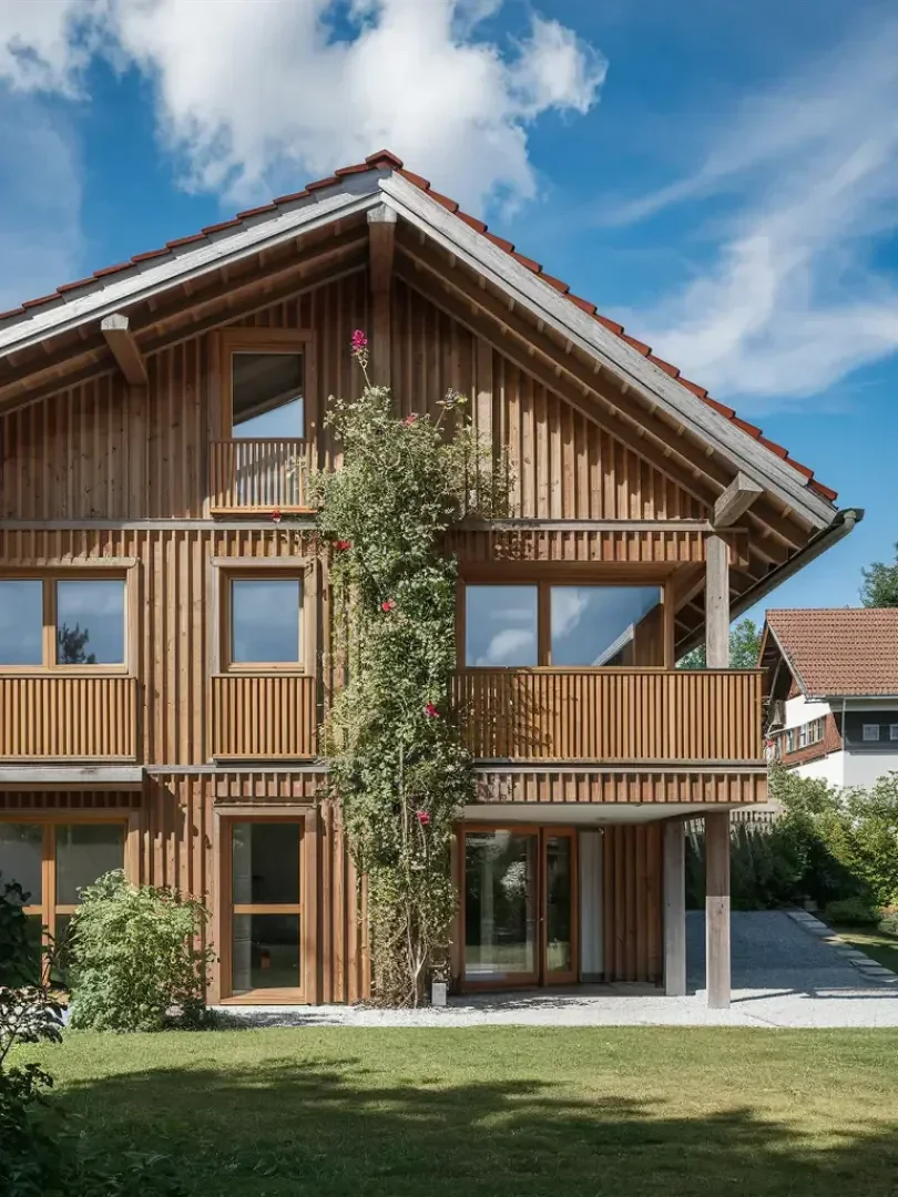 Ein modernes Holzhaus mit Giebeldach, großen Fenstern und einem Balkon. An der Fassade wächst eine hohe Kletterpflanze mit rosafarbenen Blüten, und das Haus ist von einem grünen Rasen unter einem blauen Himmel mit Wolken umgeben.