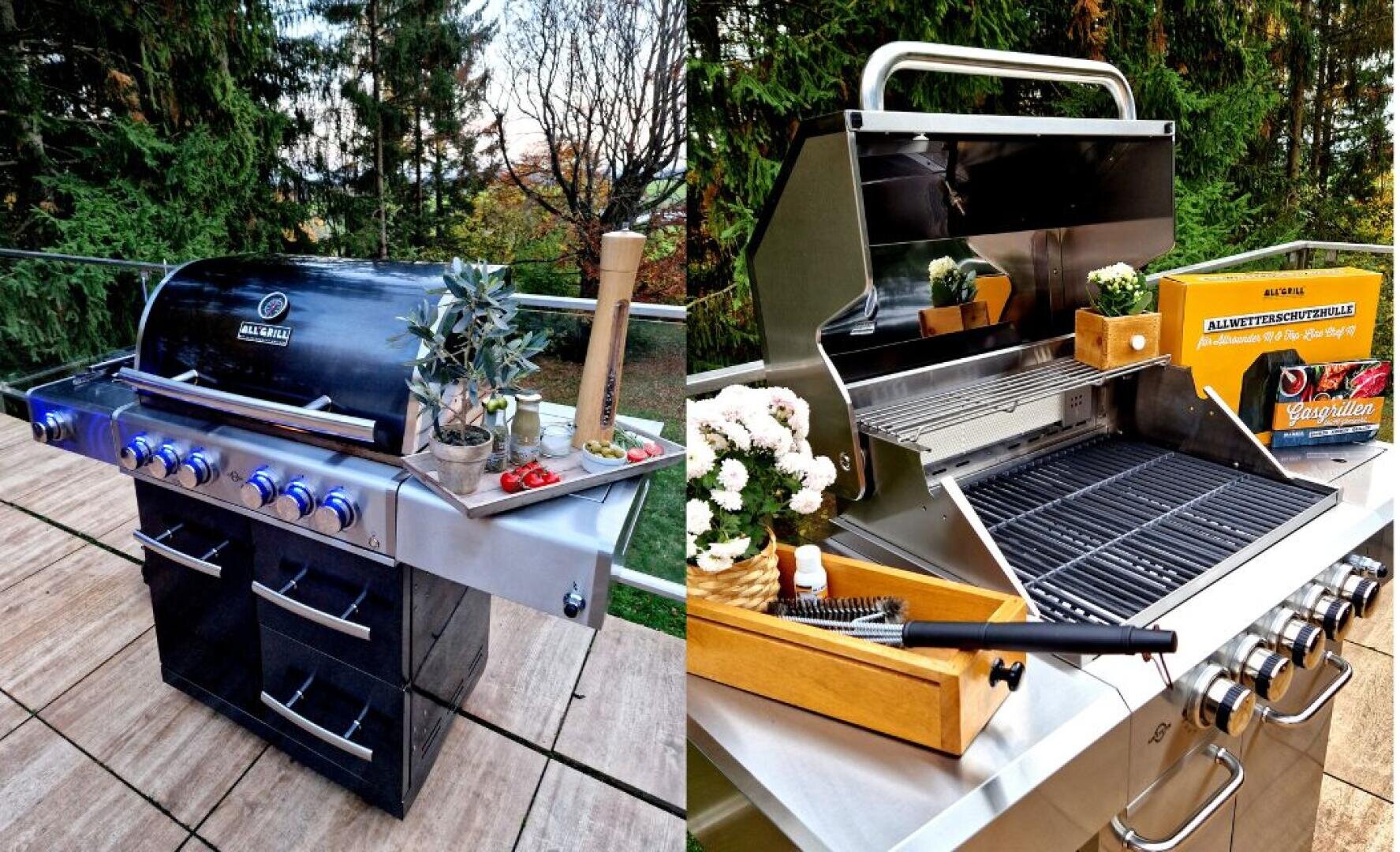 Side-by-side images of stainless steel gas barbecues on a terrace, each with accessories such as plants, spices, cooking utensils and vegetables on or around the barbecues, with trees in the background.