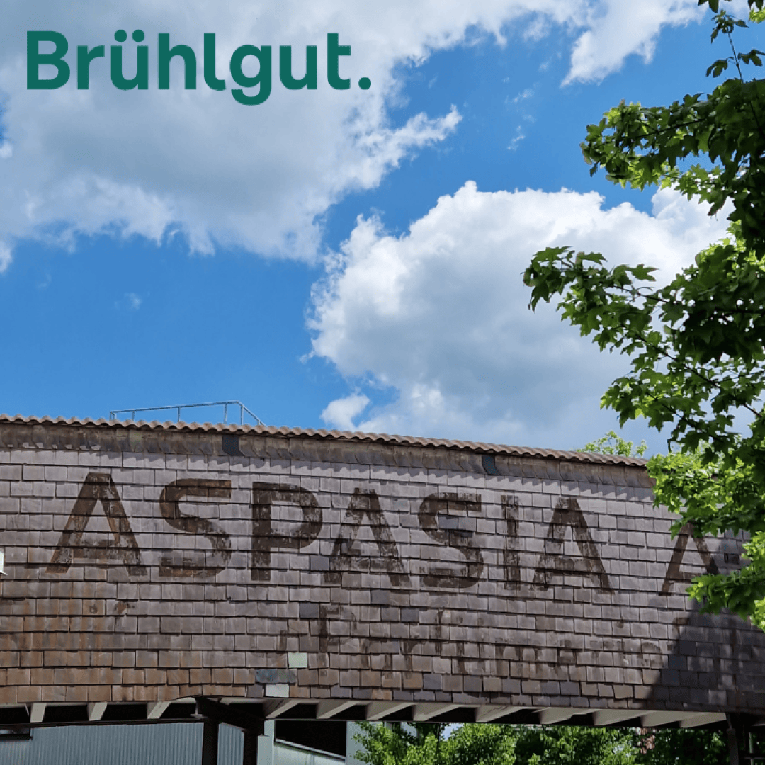 Ein sonniger Himmel mit weißen Wolken über einem alten Gebäude mit einem Ziegeldach und einem verblassten ASPASIA-Schild. Grüne Baumzweige rahmen die rechte Seite ein. Brühlgut. steht oben links in grüner Schrift.