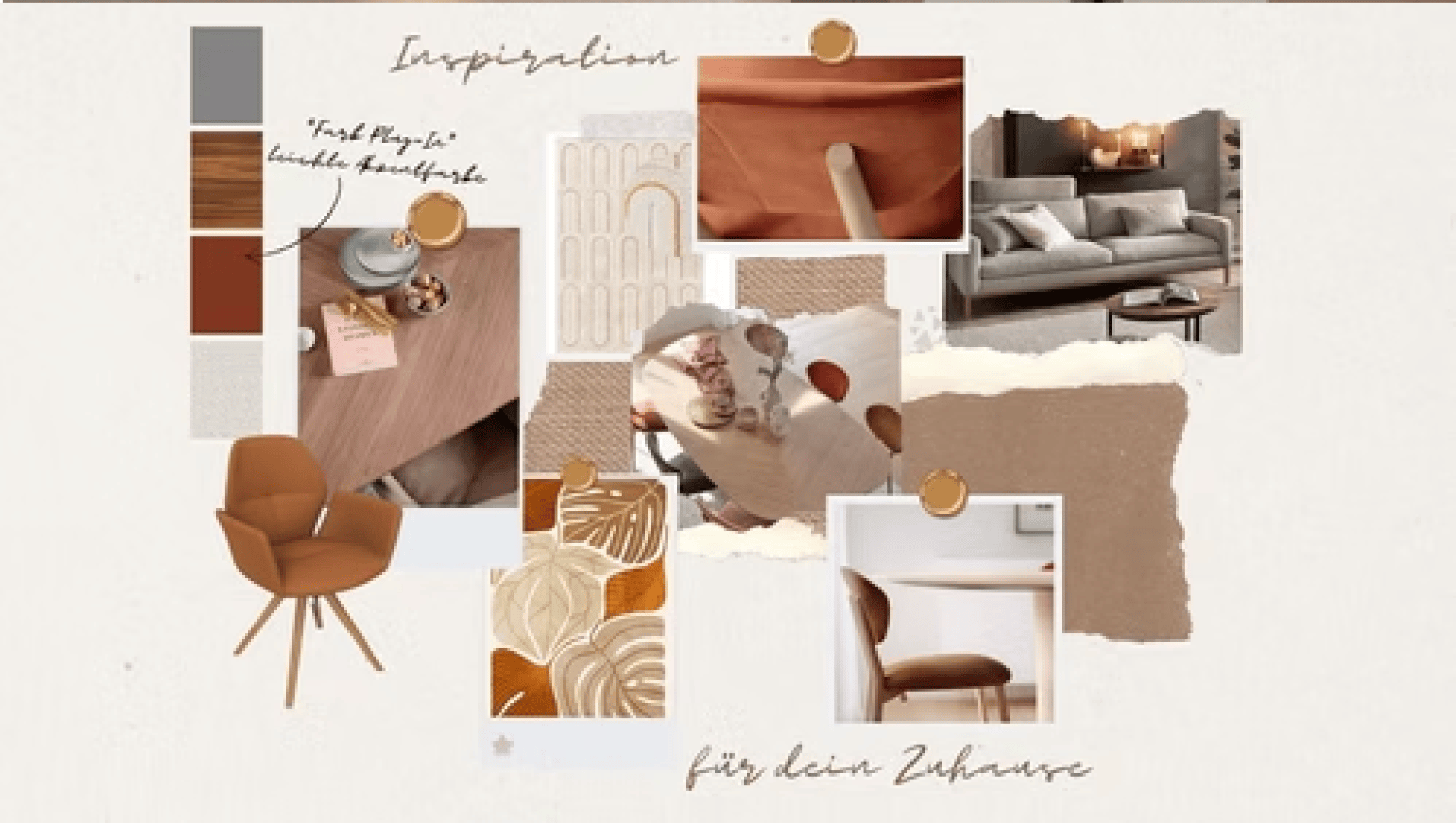 Ein Moodboard mit neutralen und warmen Erdtönen, Stoffmustern, Mustern, Möbelstücken wie einem braunen Stuhl und einem grauen Sofa sowie Dekoelementen, beschriftet mit "Inspiration" und "für dein Zuhause" auf Deutsch.