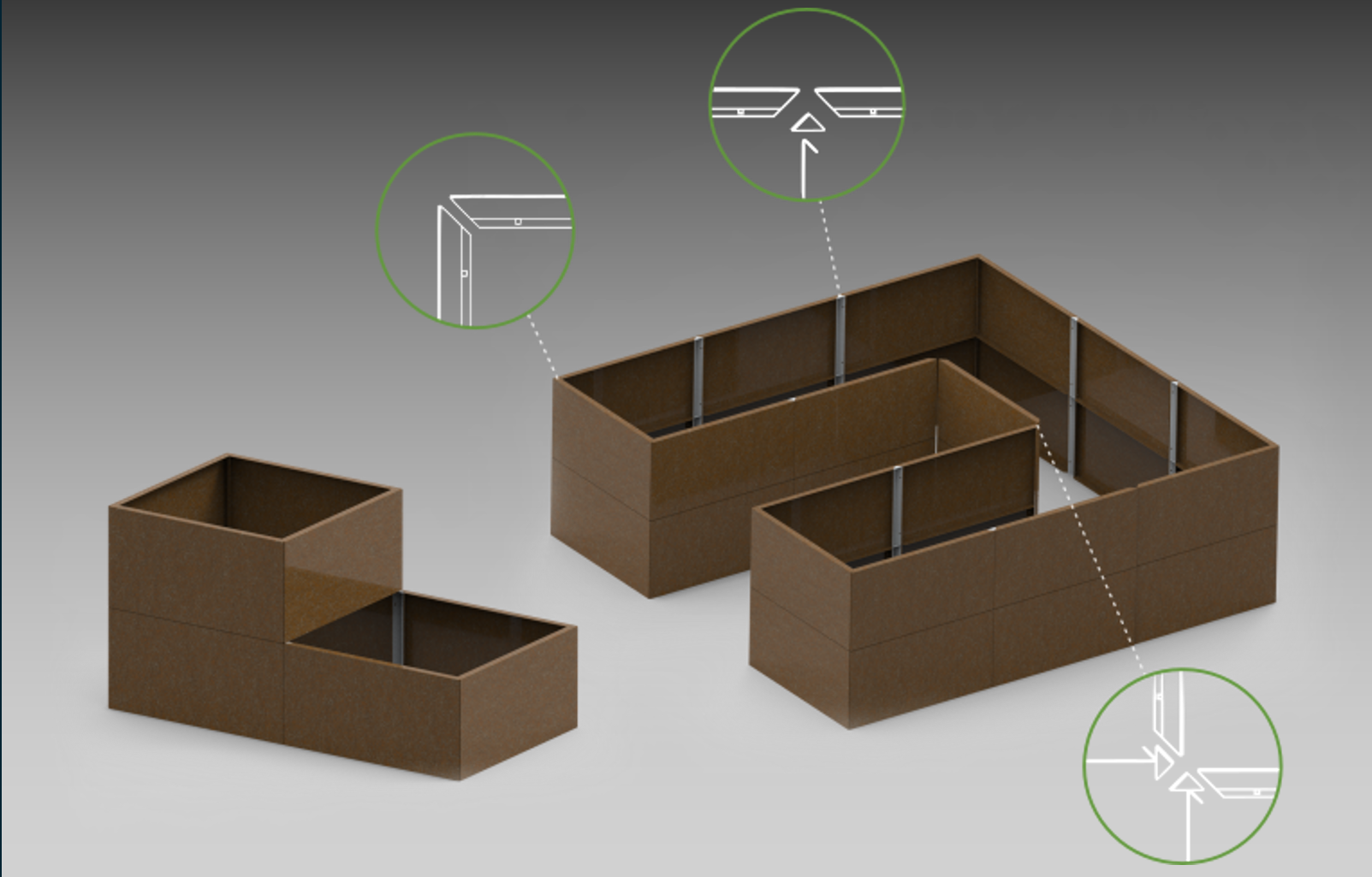 3D-Rendering von zwei modularen Hochbeeten in Braun, mit vergrößerten Diagrammkreisen, die Details der Eck- und Verbindungsverbindungen zeigen.