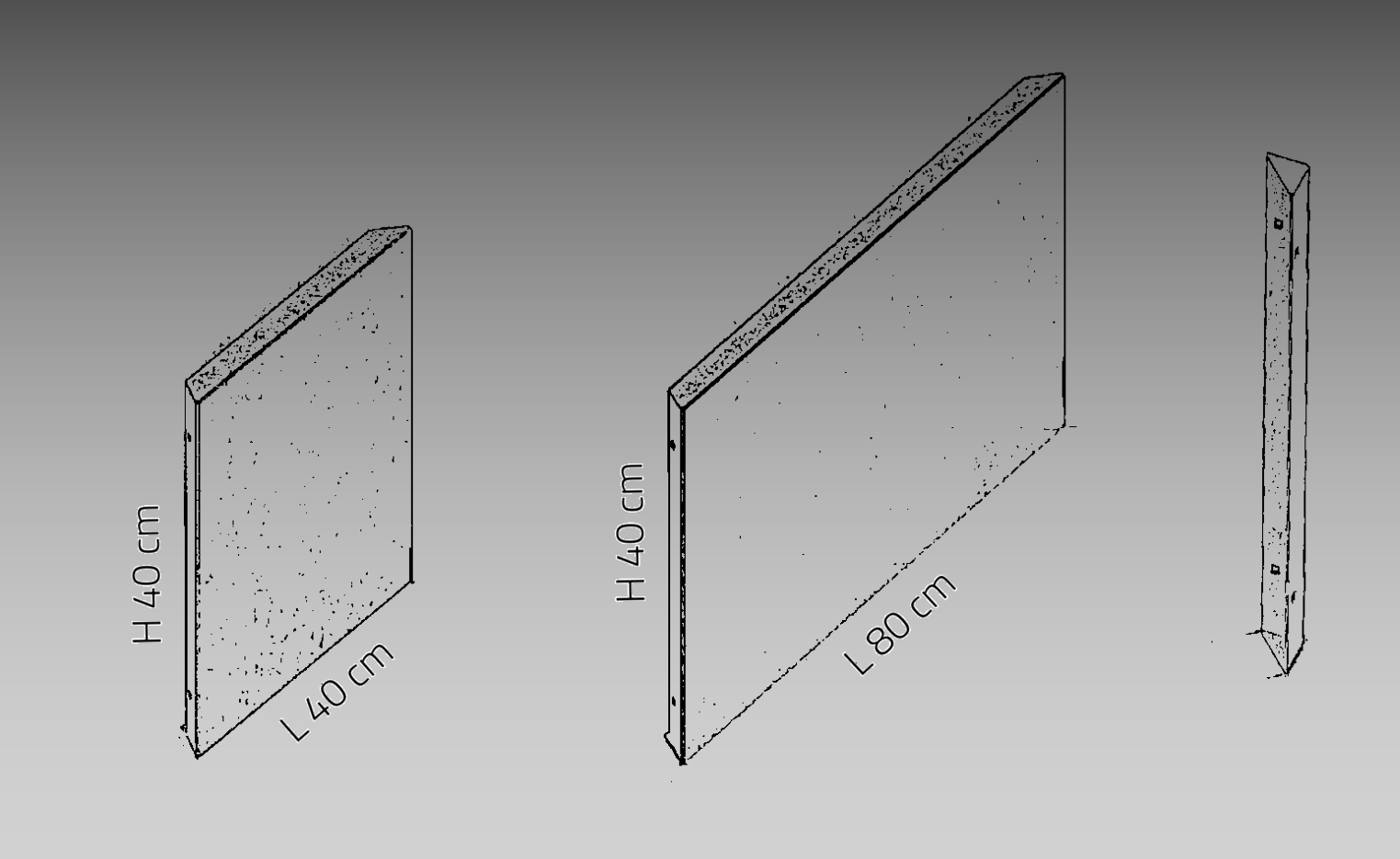 Drei rechteckige Betonplatten sind abgebildet: eine ist 40 cm hoch und 40 cm breit, eine andere ist 40 cm hoch und 80 cm breit, und die dritte ist ein vertikaler rechteckiger Abschnitt. Alle sind mit Maßangaben gezeichnet.