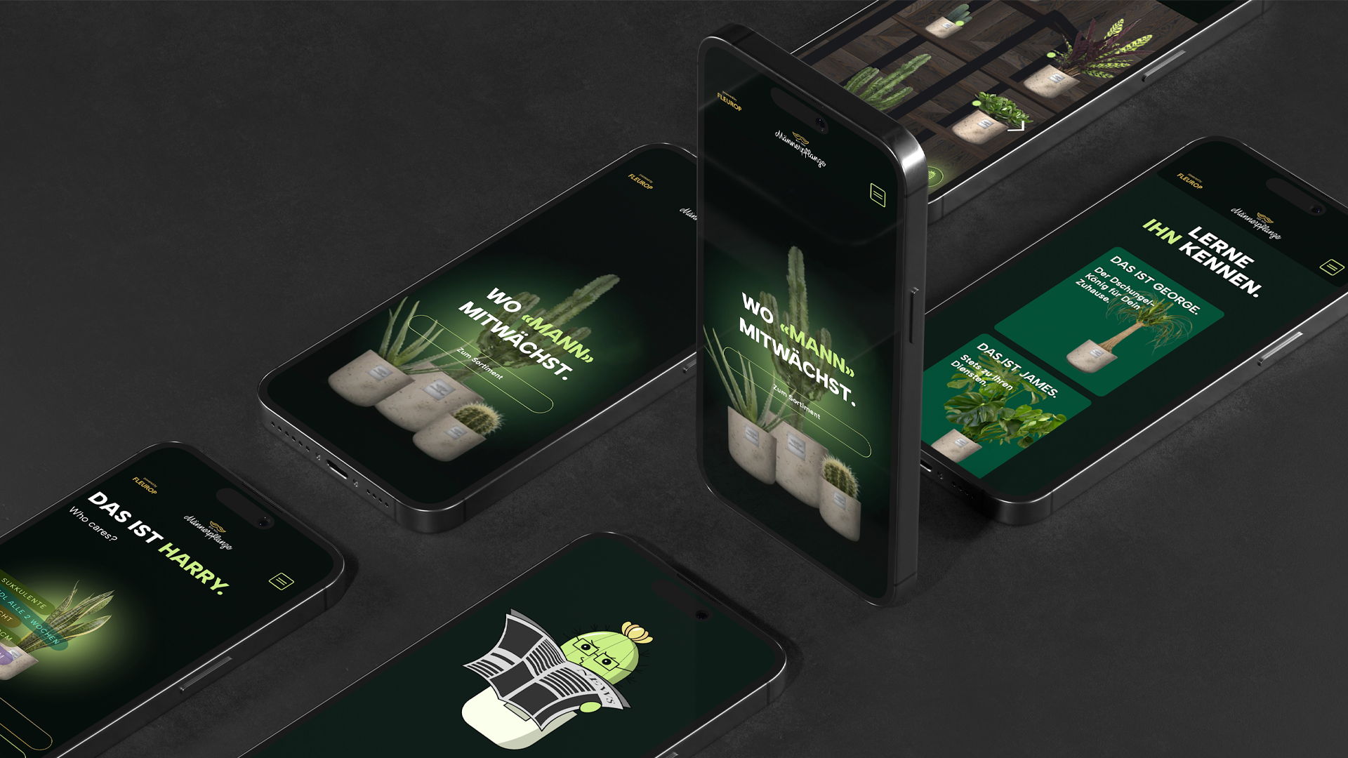 Auf mehreren Smartphones wird eine deutschsprachige Pflanzenpflege-App angezeigt, die Bilder von Pflanzen, Töpfen und Informationen zur Pflanzenpflege auf dunklen Bildschirmen zeigt, die alle auf einer dunklen Oberfläche angeordnet sind.