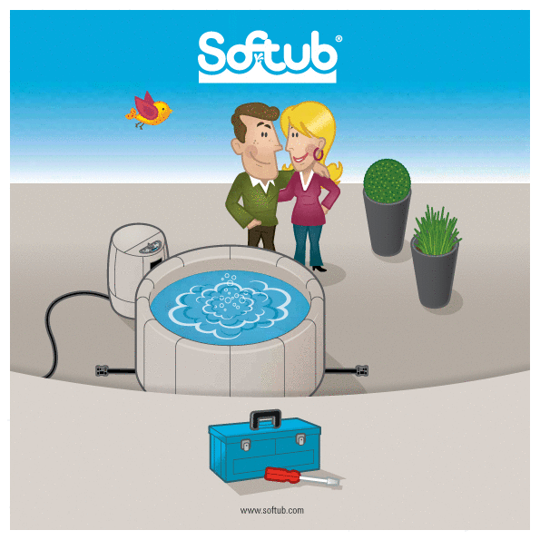 Cartoon eines lächelnden Mannes und einer lächelnden Frau, die an einem aufblasbaren Whirlpool stehen, mit einem Kaktus und Gras in Töpfen in der Nähe. Ein Werkzeugkasten und ein Schraubenschlüssel stehen auf dem Boden. Oben sind das Softub-Logo und ein Vogel zu sehen.