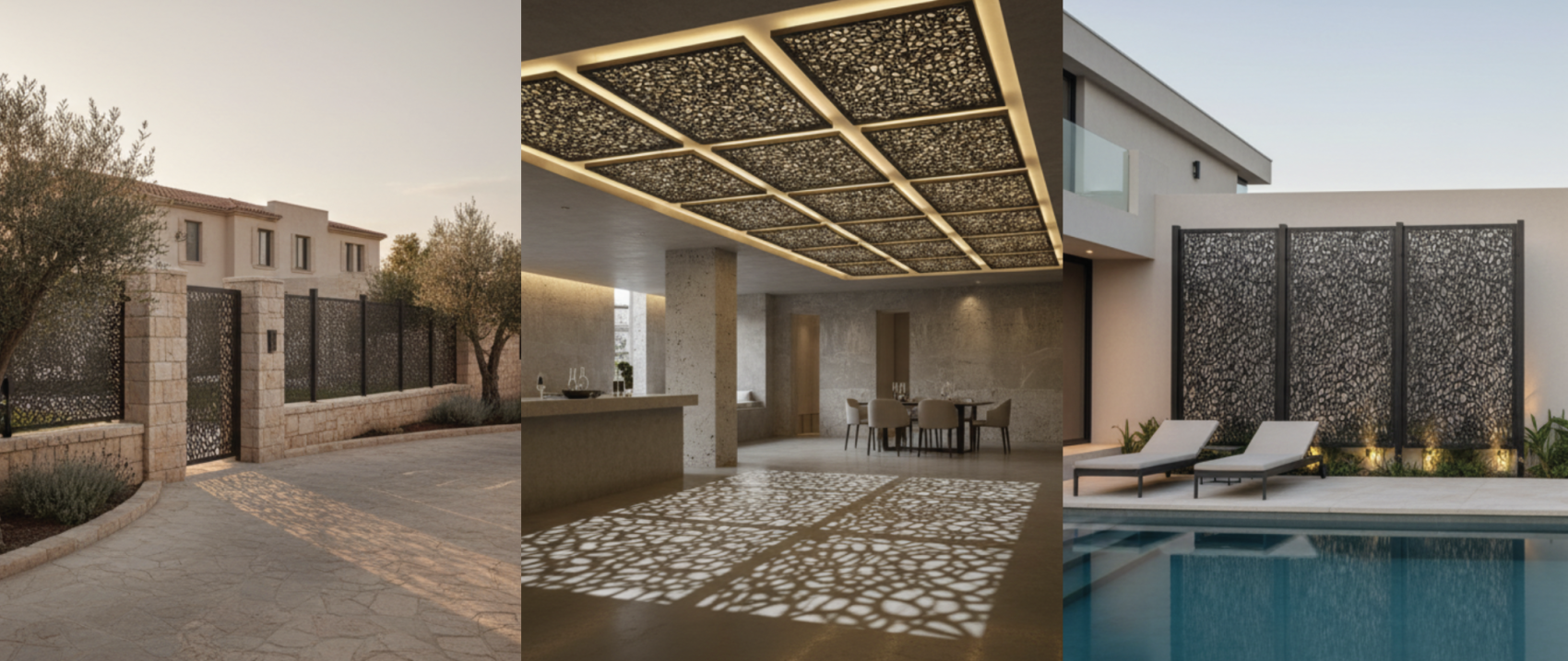A collage of three images: a stone-walled gate, an indoor space with patterned ceiling panels casting shadows, and a modern poolside with decorative black privacy screens.