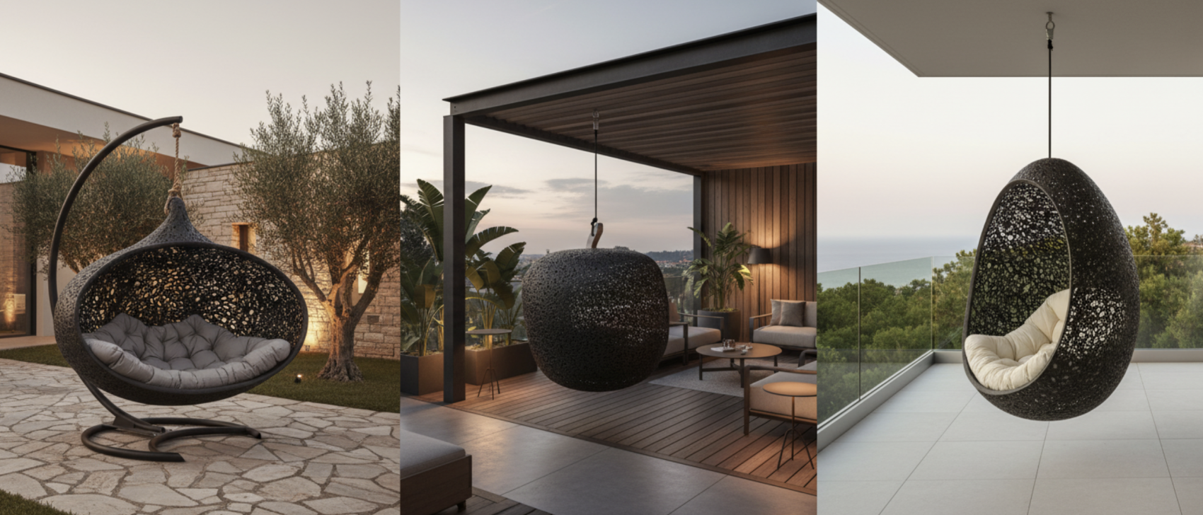 Three stylish outdoor hanging egg chairs, each with a woven black frame and plush cushion, are displayed in modern patio and balcony settings with natural and scenic backgrounds.