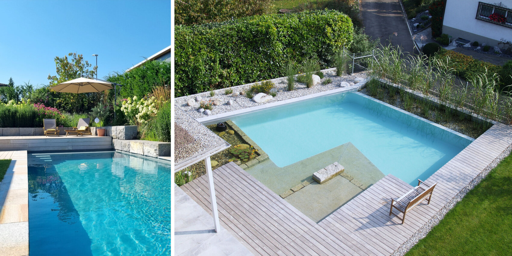 Geteiltes Bild: Die linke Seite zeigt einen blauen Swimmingpool mit Liegestühlen und Sonnenschirm; die rechte Seite zeigt einen modernen Pool mit einem Holzdeck, Grünpflanzen, Liegestühlen und einem flachen Steinbereich.