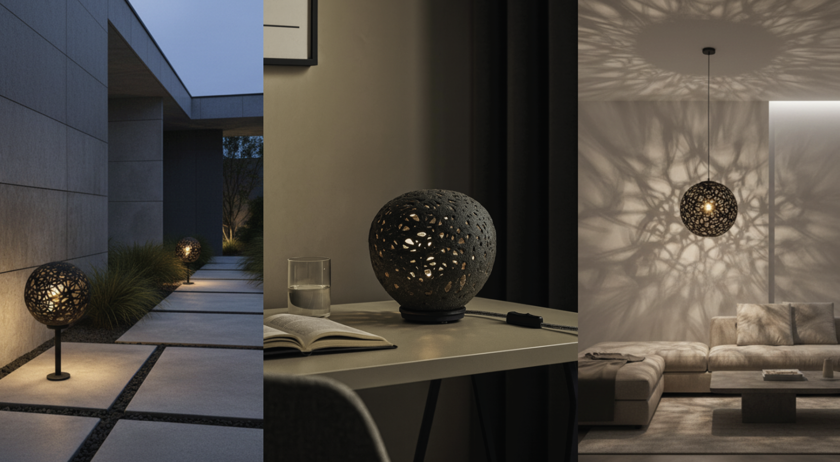 A triptych shows: modern outdoor pathway lights, a decorative spherical lamp on a desk, and a similar pendant lamp casting intricate shadows in a contemporary living room.