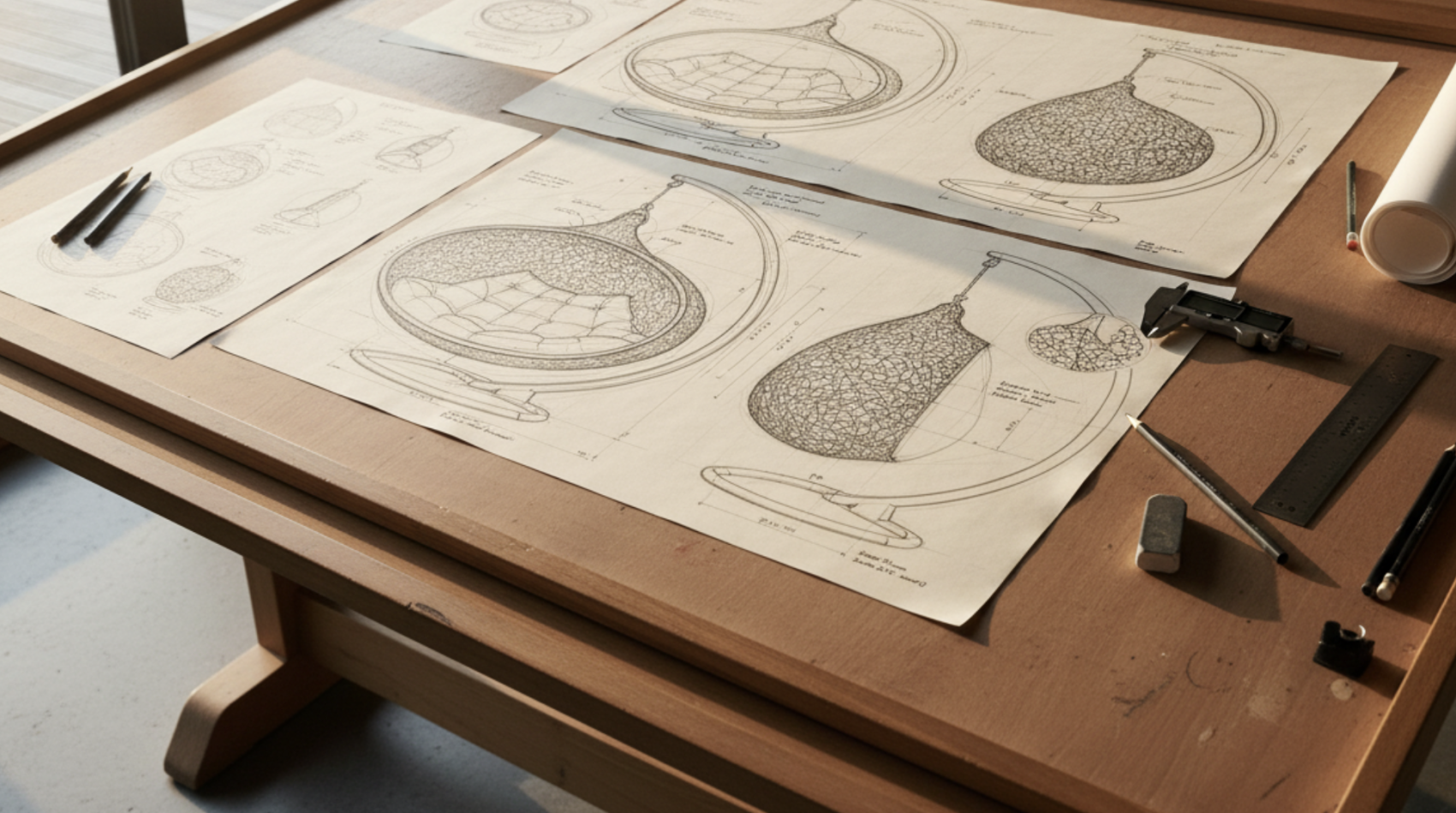 A wooden drafting table holds detailed technical drawings of a modern hanging chair, along with drawing tools like pencils, a ruler, a caliper, and an eraser. Rolled-up paper is visible at the edge of the table.