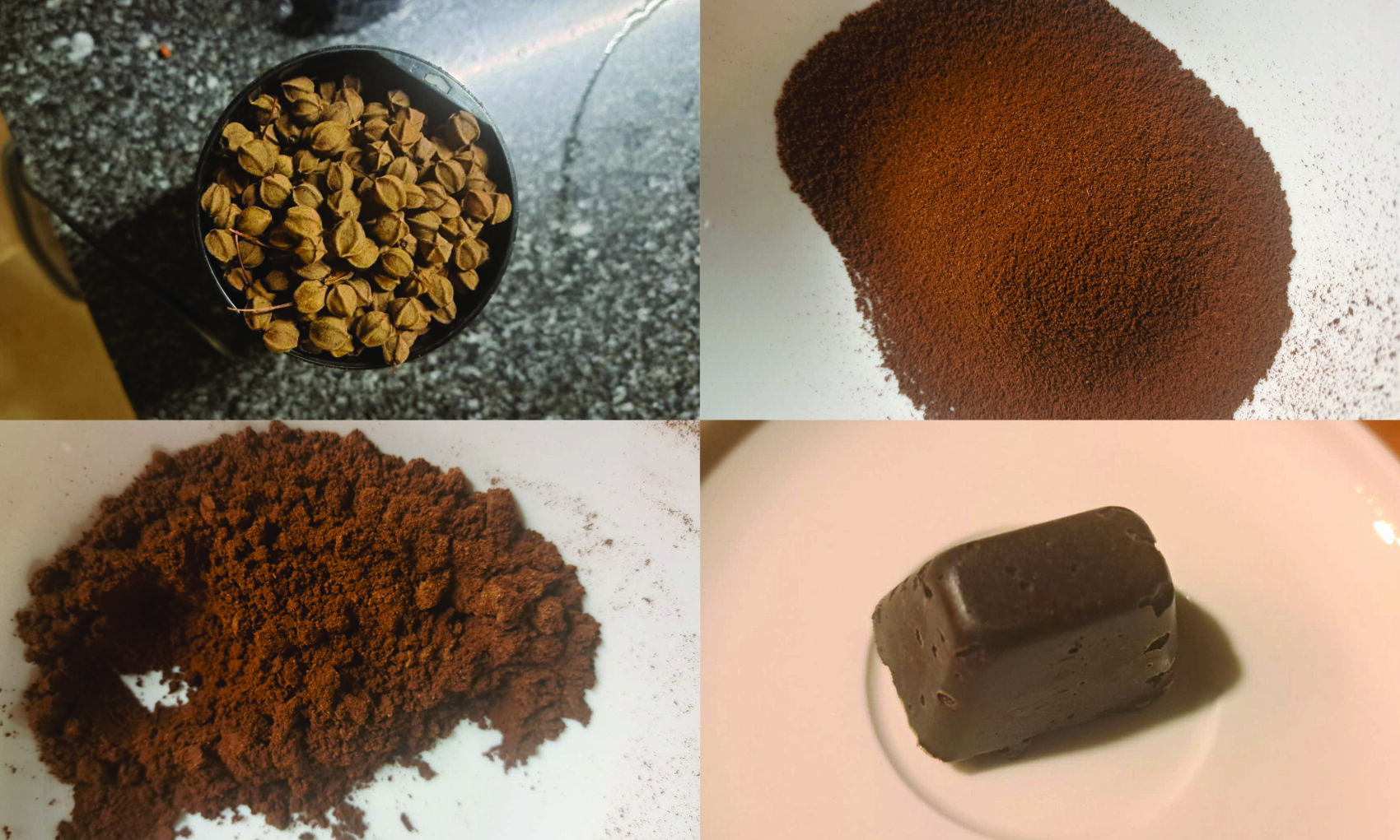 A collage of four images: whole cardamom pods in a mill, ground cardamom spice on a white surface, spiced cocoa powder on a plate and a single piece of dark chocolate on a white bowl.